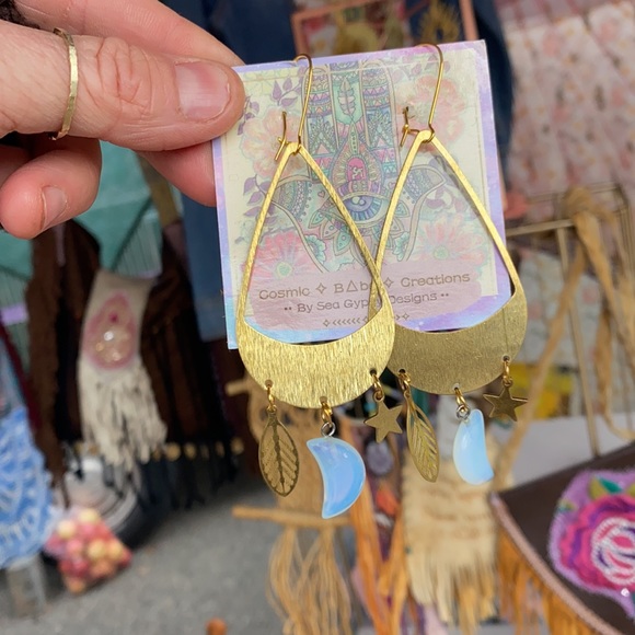 Opalite Moon ๐ Brass Earrings || boho babe || good vibes || handmade - Picture 4 of 8